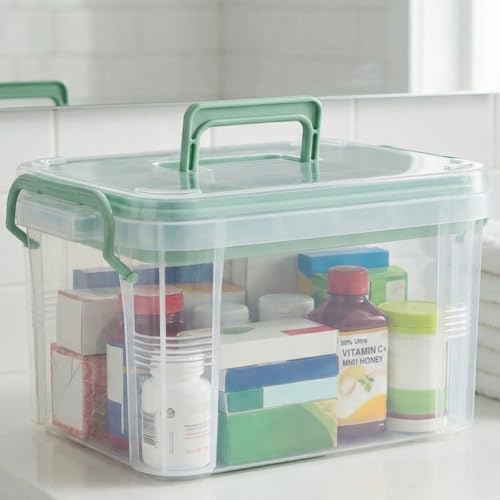 Goaste 15QT Clear Medicine Organizer Box with Handle, Plastic Medicine Container with Detachable Tray, Portable First Aid Bin Empty, Multipurpose Medical Storage Case for Home, Craft Supplies, Green
