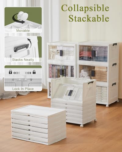 OlarHike 48QT Lockable Stackable Storage Bins with Lids - Folding Storage Boxes with Doors & Wheels, Collapsible Plastic Box for Home, Dorm, Office, Closets, School, Stackable Organizers, 6 Pack Cubes - size: 48QT-White, style: 6Pack