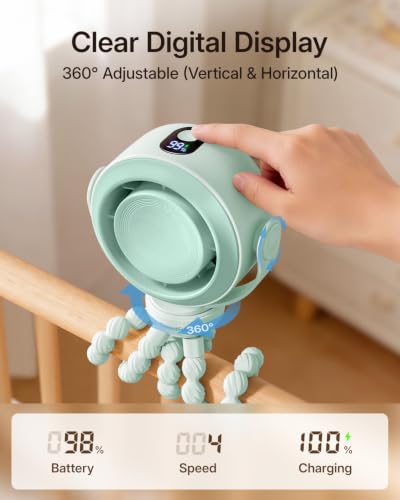 SWEETFULL Portable Stroller Fan, Pinch-Proof Baby Fan, 5-Speed Quiet Mini Clip on Fan, USB-C Rechargeable Battery, LED Display for Car Seat, Crib & Travel - Green - color: Green