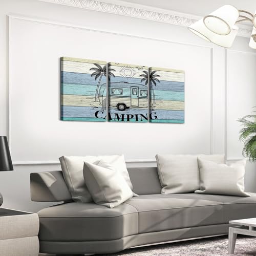 Erosebridal Retro Camper Rv Framed Wall Decor Happy Camping Canvas Wall Art For Bedroom Bathroom Tropical Beach Botanical Paintings Posters 3 Piece 12"X16" Vintage Wooden Planks Pictures Prints - color: Teal Beige Black