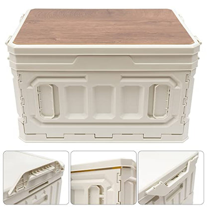 Folding Storage Box, Outdoor Portable Campings Tent, PP Folding Box Table Equipment, Camping Box with Wooden Cover 95L for Camping,Home,Car Trunk, White