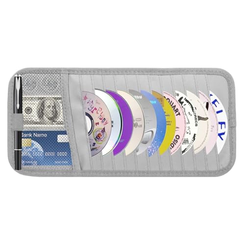 Car CD & DVD Holder - Large Capacity CD Visor Case, Vehicle Visor Storage Organizer with 12 Disc Sleeves, 1 Mesh Pocket 1 Pen Holder and & Elastic Band (Grey) - color: Grey