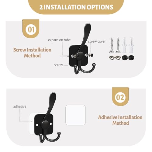 VIS'V Coat Hooks Wall Mount, Metal Self Adhesive 3 Prong Coat Hanger Hooks for Entryway Doorway, 2 Mount Options, Black, 4 Pcs - color: Black