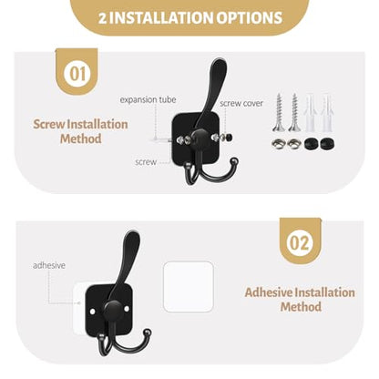 VIS'V Coat Hooks Wall Mount, Metal Self Adhesive 3 Prong Coat Hanger Hooks for Entryway Doorway, 2 Mount Options, Black, 4 Pcs - color: Black