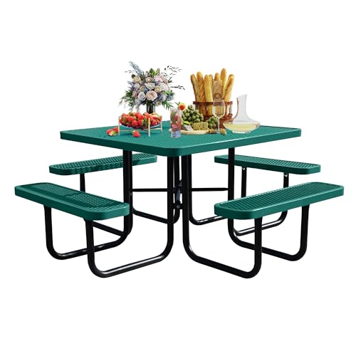 8-Person Picnic Tables for Outdoors, Industrial 46" Expanded Metal Square Picnic Table with 4 Benches & Umbrella Hole, Outside Table and Bench Set for Garden, Backyard, Porch, Patio, Green - color: Green