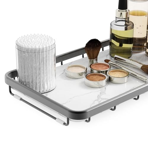 Counter Organizer for Bathroom, Kitchen or Coffee Bar, Metal Shelf with Faux Marble, Vanity Countertop Makeup Storage, Dresser Perfume Display Rack, Toilet Tank Tray (Matte Black, 1-Tier) - color: Matte Black, size: 1-tier