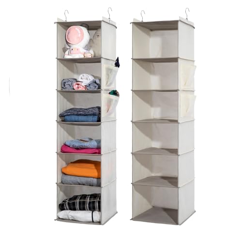 2 Packs Hanging Closet Organizer, 6-Shelf Closet Organizers and Storage with Side Pockets, Collapsible Hanging Shelves for Closet & RV & College Dorm,Beige - color: Beige, size: 2 # 6 Shelves