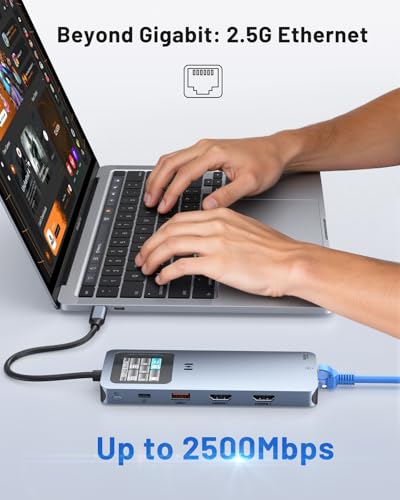 Laptop Docking Station Dual Monitor, 12-in-1 USB-C Docking Station with Smart LCD Display, 2 HDMI Ports+100W PD+10Gbps USB-C/A+2.5G Ethernet+SD/microSD, Docking Station for Dell/HP/Lenovo Laptop - color: Space Grey