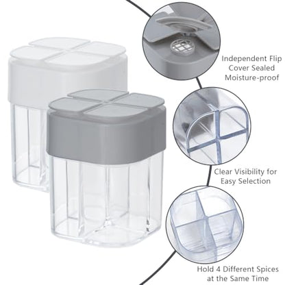 4pcs Spice Jars, 4 in 1 Salt and Pepper Shakers with Flip Top Cap, Portable Seasoning Container for Outdoor, Camping, BBQ, Spice Containers for Salt, Sugar, Pepper, Cumin