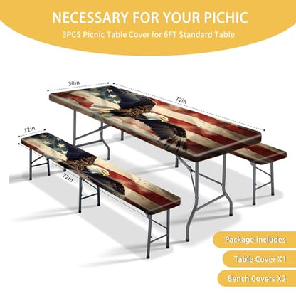 Park Picnic Table Cover with Bench Covers Lightweight Camping Essentials, Oil-Proof Waterproof 3PCS Tablecloth with Elastic, Fitted for Table 6FT Rectangle and Seats, American Flag Eagle (72x30in) - color: American Flag Eagle