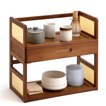 Yalikop Bamboo Matcha Station Organizer 2 Tier Countertops Stand Shelf with Hidden Drawer Coffee Station Organizer for Whisk Set Bowl Cup Mug, Home Kitchen Bars 15.75" x 7.87" x 15.35"(Brown)