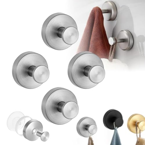2024 Upgraded No-Drill Hooks, Suction Cup Hooks, Stainless Steel Suction Cup for Shower, Bathroom, Hanging Towels, Mounting on Glass Shower Doors, Tile, Mirrors (Sliver 4 PCS) - color: Sliver 4 PCS