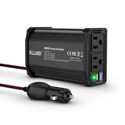 ALLWEI 300W Power Inverter 12V DC to 110V AC Car Plug Adapter Outlet Converter with 27W PD USB-C &18W USB-A Fast Charger, Car Cigarette Lighter Adapter for Laptop Tablets Phones-Black - color: PD27W-Black