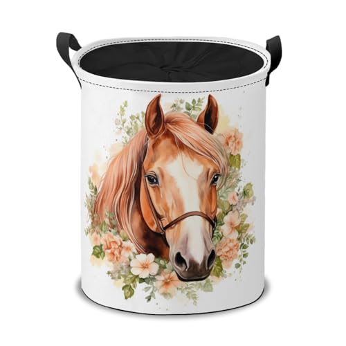 Watercolor Horse with Flowers Laundry Hamper Basket,Horse Art Collapsible Portable Laundry Bag, Storage Bins Toys Storage Gifts Basket, Bedroom Home Nursery Decor for Baby Girl Women - color: Watercolor Horse with Flowers