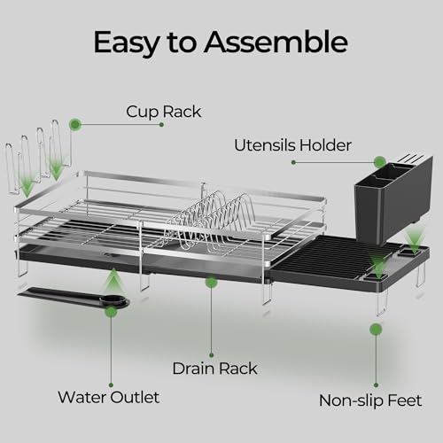 Large Dish Drying Rack, Expandable Dish Rack, Stainless Steel Anti-Rust Dish Racks for Kitchen Counter, Multifunctional Dish Drainer with Utensil Holder & Cup Holder, 13.4"-28.7" L x 11.8" W - color: Silver, size: 1 Tier