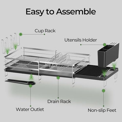 Large Dish Drying Rack, Expandable Dish Rack, Stainless Steel Anti-Rust Dish Racks for Kitchen Counter, Multifunctional Dish Drainer with Utensil Holder & Cup Holder, 13.4"-28.7" L x 11.8" W - color: Silver, size: 1 Tier