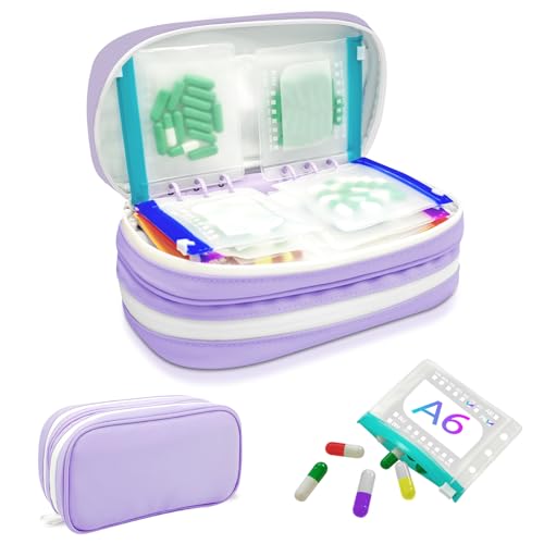 Timueetech XXL A6 Double-Compartment Waterproof Pill Organizer with 28 M Size Zippered Pill Pouches for A6 Binder, Large BPA-Free Monthly Medicine Organizer, Reusable Travel Pill Storage System - color: Purple