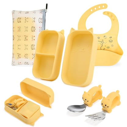 Baby Travel Essentials 6 Pc Feeding Set - Cute Cat Toddler Plates with Suction, 304 Stainless Steel Spoon & Fork, Foldable Silicone Bib in Travel Case - BPA-Free Airplane Travel Gear (Pale Yellow) - color: Pale Yellowe