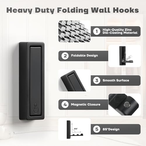 Folding Wall Hooks, 4pcs Foldable Coat Hooks, Heavy Duty Zinc Alloy No Rust Fold Up Hooks for Coat, Towel, Key, Hat, Bag, Jacket, Backpack (Matte Black)