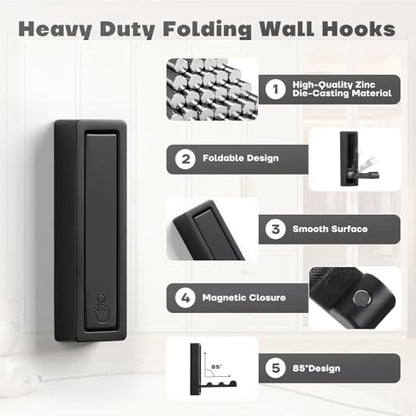 Folding Wall Hooks, 4pcs Foldable Coat Hooks, Heavy Duty Zinc Alloy No Rust Fold Up Hooks for Coat, Towel, Key, Hat, Bag, Jacket, Backpack (Matte Black)
