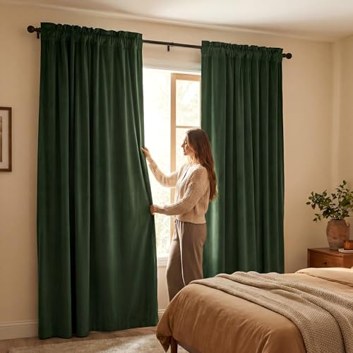 CUCRAF Dark Olive Green Velvet Blackout Curtains for Bedroom Living Room 84 inches Long, Forest Green Curtains Noise Reducing Rod Pocket(52x84 inches, 2 Panels) - color: Dark Olive Green, size: 52"W x 84"L (Pack of 2)