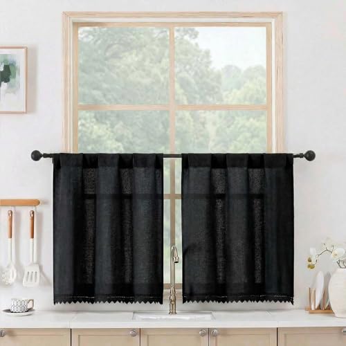 Chyhomenyc Boho Lace Kitchen Curtains 24 Inch Length - Light Filtering Faux Linen Vintage Half Window Cafe Curtains, Short Curtain Tiers for Bathroom RV Camper, 26Wx24L, 2 Pieces, Black - color: Black, size: 26"W x 24"L (Pack of 2)