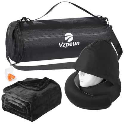 Travel Pillow Blanket Set - Hooded Neck Pillows Airplane with Portable Bag Earplugs, Memory Foam Filling, Long Flights Trip Essentials for Plane, Office, Cars Sleeping