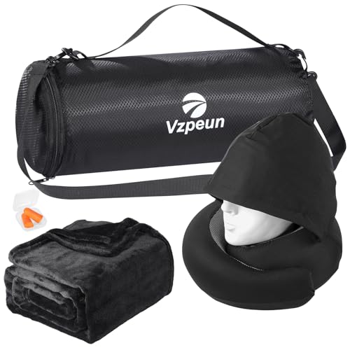 Travel Pillow Blanket Set - Hooded Neck Pillows Airplane with Portable Bag Earplugs, Memory Foam Filling, Long Flights Trip Essentials for Plane, Office, Cars Sleeping