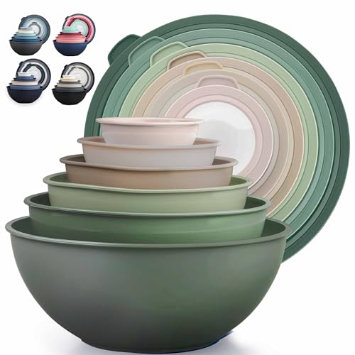 Zulay Kitchen 12 Piece Plastic Mixing Bowls with Leak-Proof Lids Set - Microwave and Freezer Safe Kitchen Mixing Bowls for Preparing, Serving and Storing - Large Nesting Bowls (Forest Ombre) - color: Forest Ombre