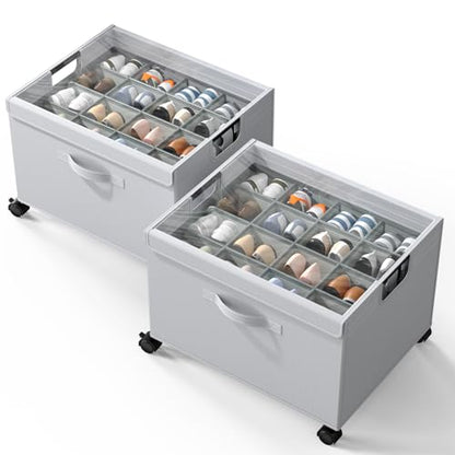 HOUSE AGAIN Shoe Organizer for Closet, 2 Pack Foldable Shoe Storage Organizer Box with Wheels and Adjustable Dividers, Sturdy Metal Frame Fits up to 16-32 Pairs, Large Shoes Storage with Clear Cover - size: 2 Pack