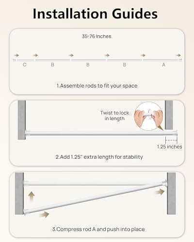 Tension Curtain Rod by EZFurni, 35 to 76 Inches, Spring Loaded Curtain Rods No Drilling, Renter Friendly Tension Rod for Closet, Window, Bathroom, Anti-slip, Screwless, White - color: White, size: 35-76 Inches