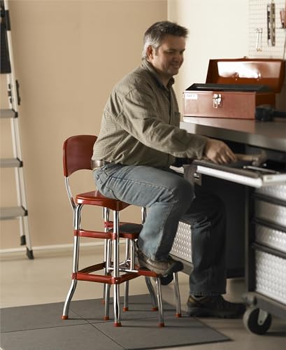 COSCO Stylaire Retro Chair + 2-Step Step Stool with Pull-Out Steps, 7 Ft. 11in Max Reach, 200 lb Weight Capacity, Steel and Vinyl (Red, one pack) - color: Red