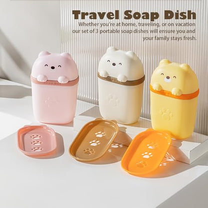 3Pcs Cute Travel Soap Case, Portable Leakproof Soap Container Box Dish with Lid, Draining Soap Holder with Covers for Bathroom Gym Traveling Camping Outdoor (Bear Shape)