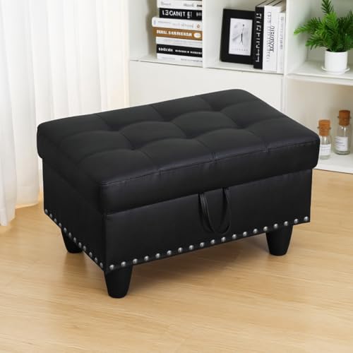 Chesterfield Ottoman with Storage,28.5" Large Square Storage Retro Rivet Ottoman Footstool Bench Coffee Table with Thick Cushion for Home Decor/Entryway/Living Room/Bedroom/Rv,Black Leather - color: Black Leather