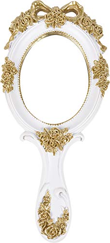 Nerien Handheld Mirror Vanity Makeup Mirror Travel Princess Metal Cosmetic Mirror Portable Oval Embossed Rose Mirrors Decorative Desk Girl Student Vintage Beautiful Handle Mirrors White-4 - color: White