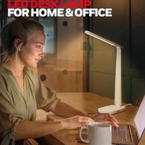 Honeywell HWT-H2 LED Desk Lamp for Home Office, CRI94 Full Spectrum Eye-Caring Light, Dimmable Table Lamp with USB-A & USB-C Charging Ports, Foldable Touch Control Reading Lamp, White - color: White