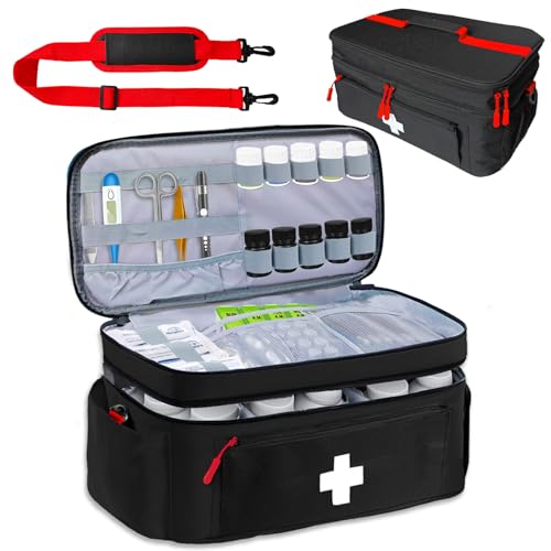 2-Layer First Aid Bag Empty 15¾”x 9½”x7” Medical Bag Large Pill Bottle Box Portable Emergency Bag for Outdoor Travel & Home Use, Medicine Kit Organizer Case with Shoulder Strap (Black) - color: Black