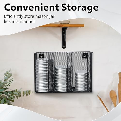 Wall Mounted Mason Jar Lid Organizer Metal Mason Jar Lid Holder 3-Compartment Mason Jar Lid Rack Vertical Mason Jars Lid Storage Wide Mouth Canning Lid Holder for Kitchen Countertop
