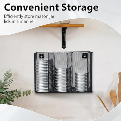 Wall Mounted Mason Jar Lid Organizer Metal Mason Jar Lid Holder 3-Compartment Mason Jar Lid Rack Vertical Mason Jars Lid Storage Wide Mouth Canning Lid Holder for Kitchen Countertop
