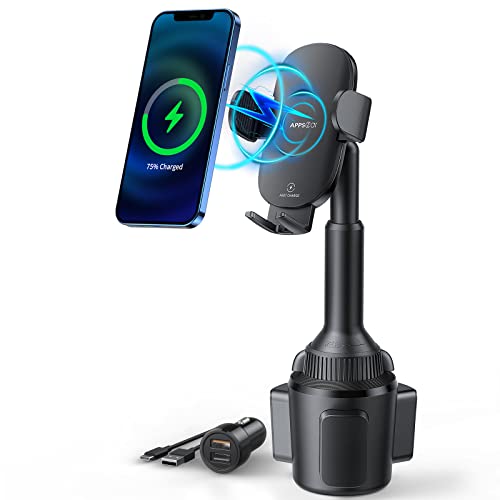 APPS2Car Cup Holder Phone Mount Wireless Car Charger, 15W Qi Fast Charging Car Mount, Adjustable Long Arm & 360° Rotation, Fits 3"–4" Round Cup Holders Compatible with All Smart Phones