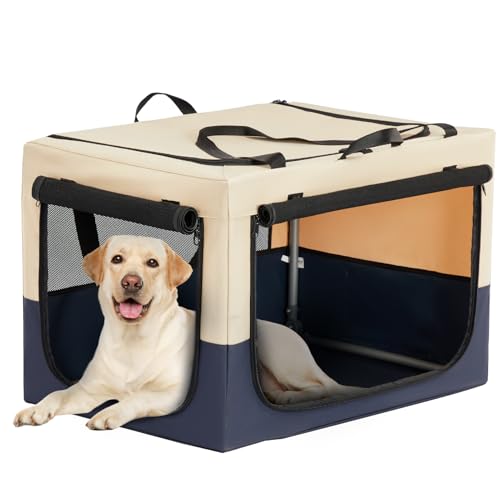 PETSFIT 36" Soft Portable Dog Crate – Patented Spiral Sturdy Frame, Collapsible Travel Kennel for Medium & Large Dogs, 3 Mesh Door, Lockable Zippers, Indoor & Car Use Navy Blue - color: Navy Blue, size: 36.0"L x 24.0"W x 23.0"H