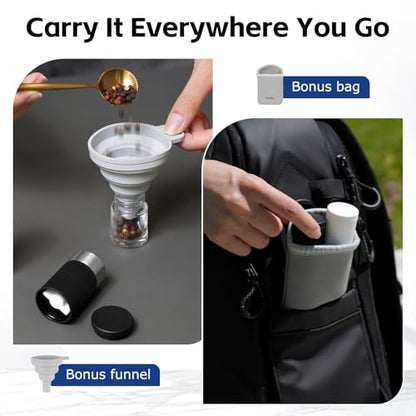 vzaahu Mini Salt and Pepper Grinder Set Black and White with Bag and Funnel, Small Travel Portable Spice Tools, Adjustable Coarseness, Refillable, Ceramic Burrs Seasoning Mills for Cooking, BBQ, RV - color: Black/White