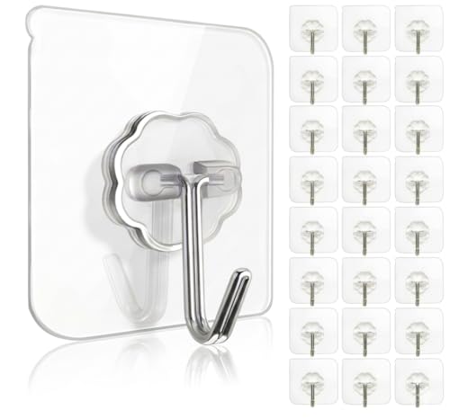 Adhesive Wall Hooks, Clear, Plastic, Heavy Duty, 16 Pack