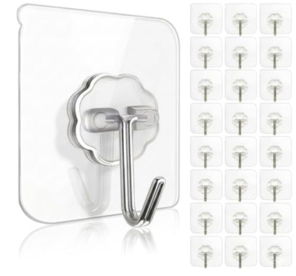 Adhesive Wall Hooks, Clear, Plastic, Heavy Duty, 16 Pack