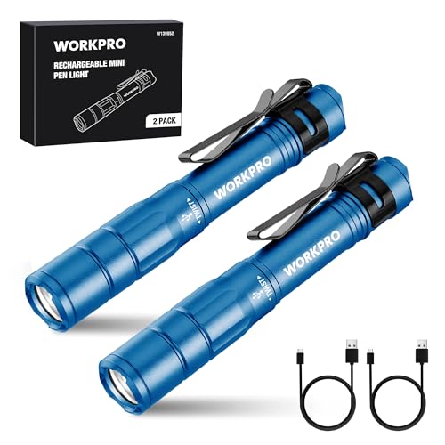 WORKPRO Rechargeable Pen Light, Mini Flashlight, 2 Pack Ultra-Compact EDC Flashlight, Pocket Flashlight with Clip, Memory Function and 2 x USB C Cable Included, Blue - color: Blue
