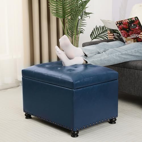 Joveco Faux Leather Storage Ottoman Bench Rectangle 24 Inch Foot Rest Ottomans - color: Blue Faux Leather
