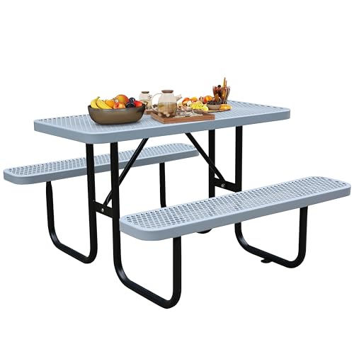 4FT Rectangular Metal Picnic Table for Outdoors, Commercial Steel Metal Picnic Tables, Heavy Duty Sturdy Picnic Tables Furniture Set for Patio Garden Courtyard BBQ, with Umbrella Hole, Grey - color: Grey, size: 4FT Rectangular