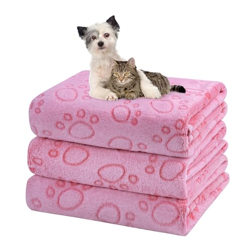 Dono 1 Pack 3 Dog Blankets, Soft Fluffy Fleece Pet Blanket Warm Sleep Mat Paw Print Design Puppy Kitten Throw Blankets Doggy Blanket for Dogs - color: Pink Bone, size: Medium(30*20")