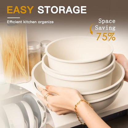 Astercook 21 Pcs Pots and Pans Set Non Stick, Ceramic Cookware Set Detachable Handle, RV Kitchen Cooking Set Removable Handles, Oven Safe, Induction Ready, Stackable, Cream, Fathers Day Gift for Men - color: Cream White, size: 21 Piece