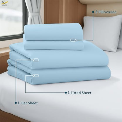 Shreem Linen Luxury 4 Piece Microfiber RV Sheet Set, Deep Pocket Fits Up to 10 inch, Soft, Wrinkle-Resistant, Camper, Travel Trailer Bedding, 3/4 Full Bunk 48x75, Light Blue - color: Light Blue, size: 3/4 Full Bunk - 48x75